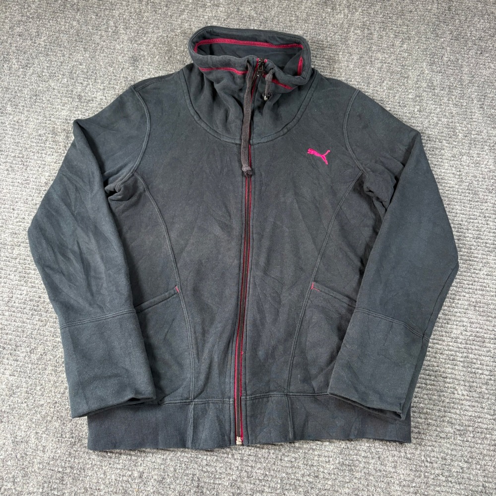 Puma Womens Full Zip Track Jacket Black Pink Funnel Neck Logo Size Large Sporty